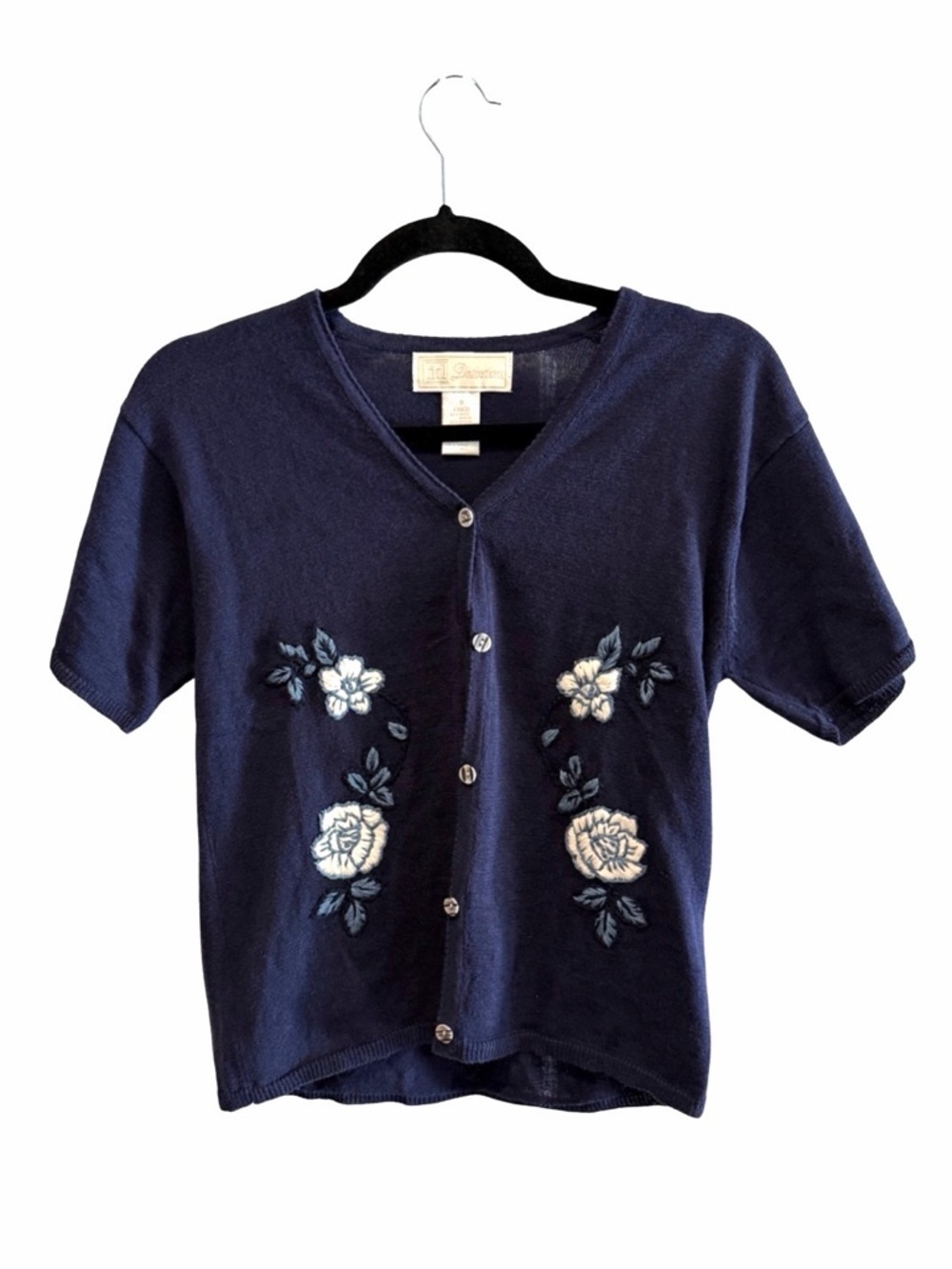 Navy Ramie Cotton Blend Knit Top Cardigan with Embroidered Floral Detail